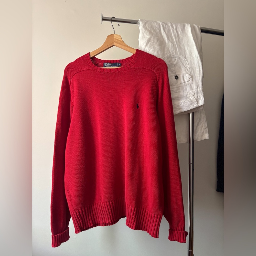 Vintage ‘90s Ralph Lauren Men's Red Crewneck Sweater with Embroidered Pony